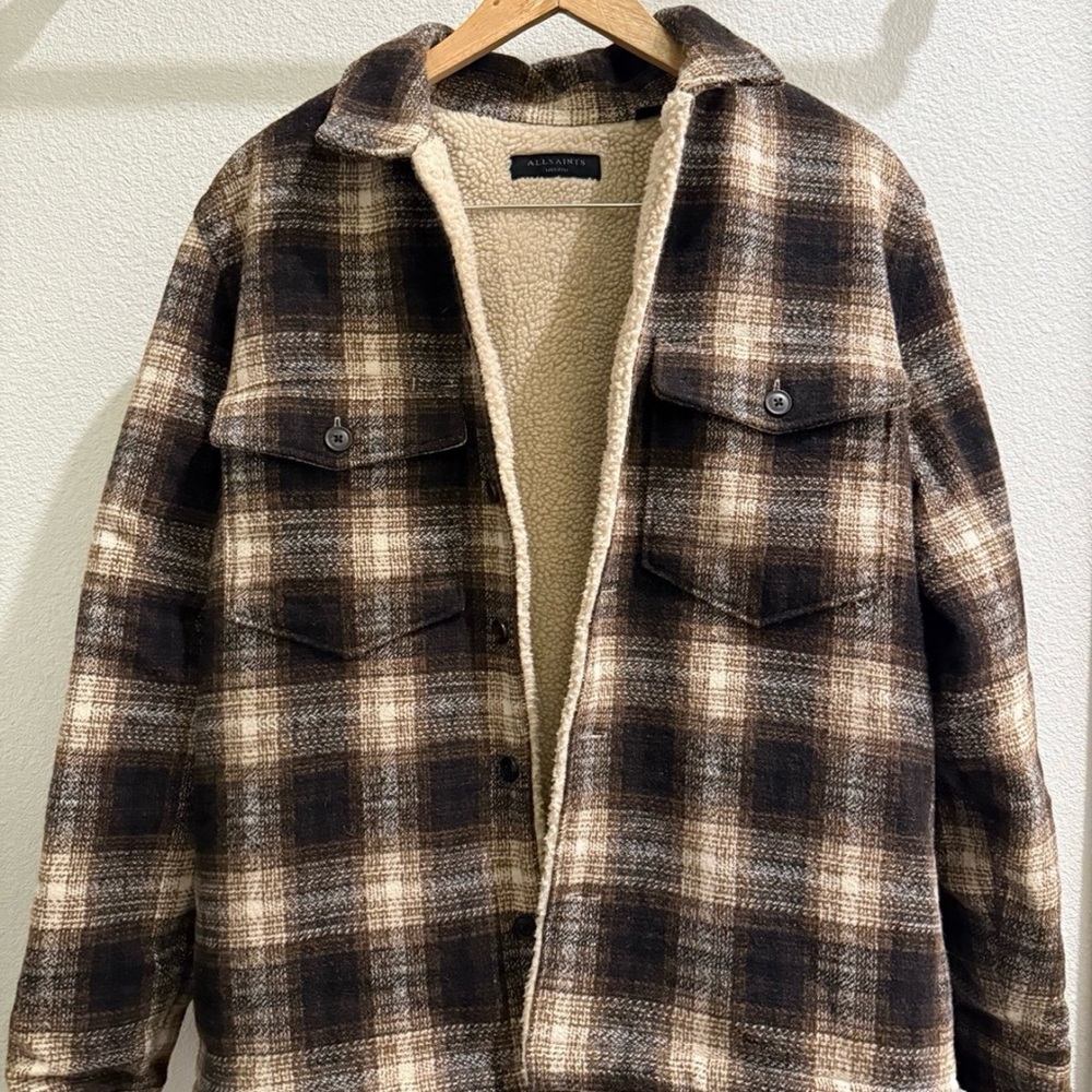 All Saints Brown Plaid Sherpa Jacket